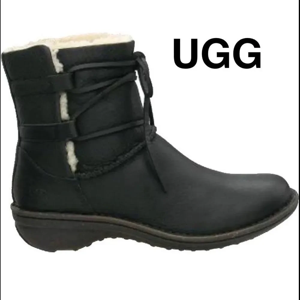 UGG Caspia Black Leather Ankle Winter Boots sz 6 Outdoor Gorpcore Snow Ski NWOT